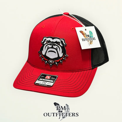 PM Outfitters Georgia Bulldogs mascot head embroidered patch Richardson 112 red black trucker hat