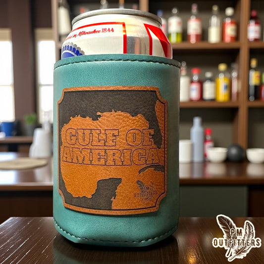 PM Outfitters Custom Laser Engraved Gulf of America Premium Leatherette Can Cooler - Teal/Turquoise Koozie