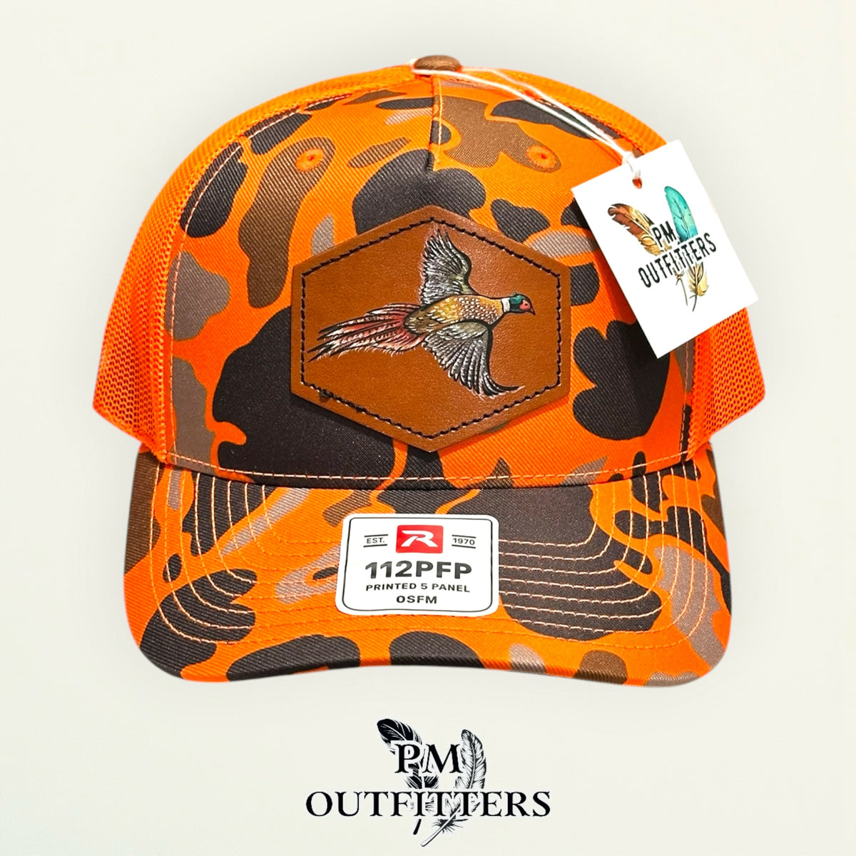 Hand-painted Pheasant patch on a blaze duck camo Richardson 112PFP trucker hat, PM Outfitters True Originals