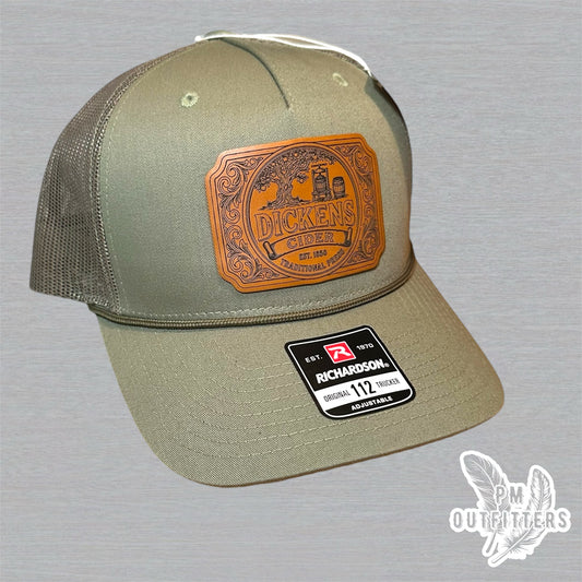 Dickens Cider Trucker Hat - Custom Leatherette Patch Richardson 112 Rope Hat | Loden Green Humor Cap