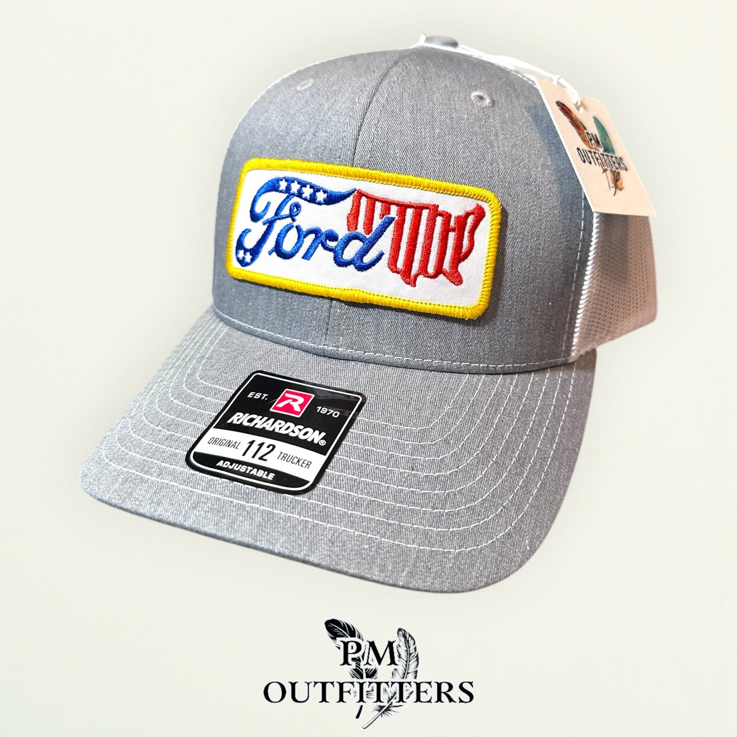 Ford USA Patriotic Patch Trucker Hat - PM Outfitters | Richardson 112 Heather Gray White American Automotive Heritage