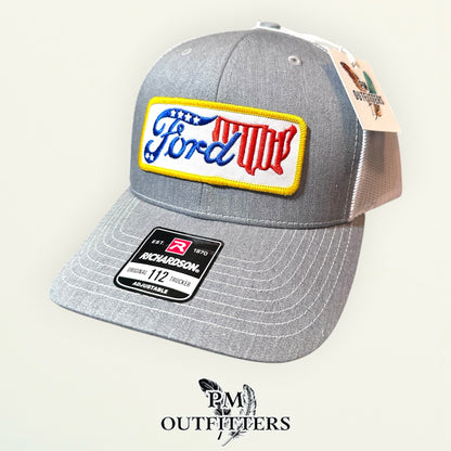 Ford USA Patriotic Patch Trucker Hat - PM Outfitters | Richardson 112 Heather Gray White American Automotive Heritage