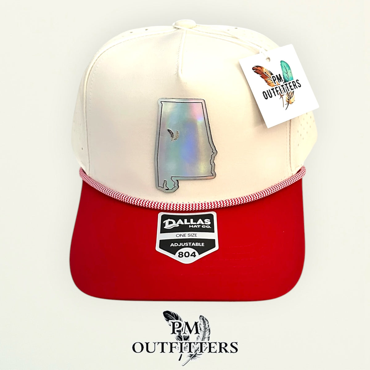 PM Outfitters Alabama Tailgate Season holographic vegan leather Alabama state outline patch trucker hat Tuscaloosa two-feather logo red white