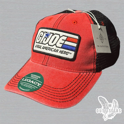 Red & Black Legacy Dashboard Trucker Hat – Embroidered G.I. Joe Patch | Retro Mesh Cap