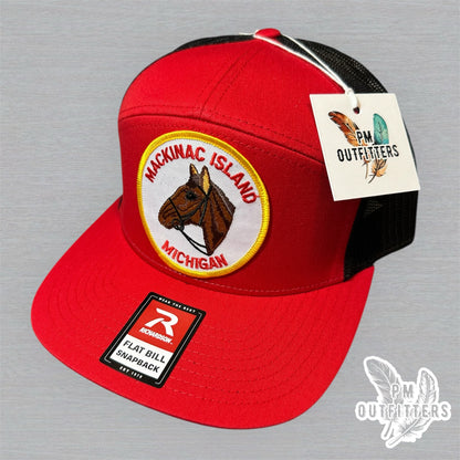 Vintage Mackinac Island Michigan Patch Trucker Hat - Richardson 168 Red Black