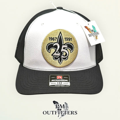 New Orleans Saints 25th Anniversary Trucker Hat | PM Outfitters Richardson 112 White & Black | Who Dat Fan Gear