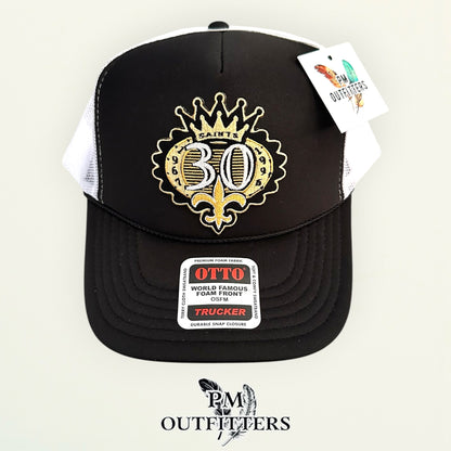 PM Outfitters New Orleans Saints 30th Anniversary embroidered patch Otto foam front rope black white trucker hat