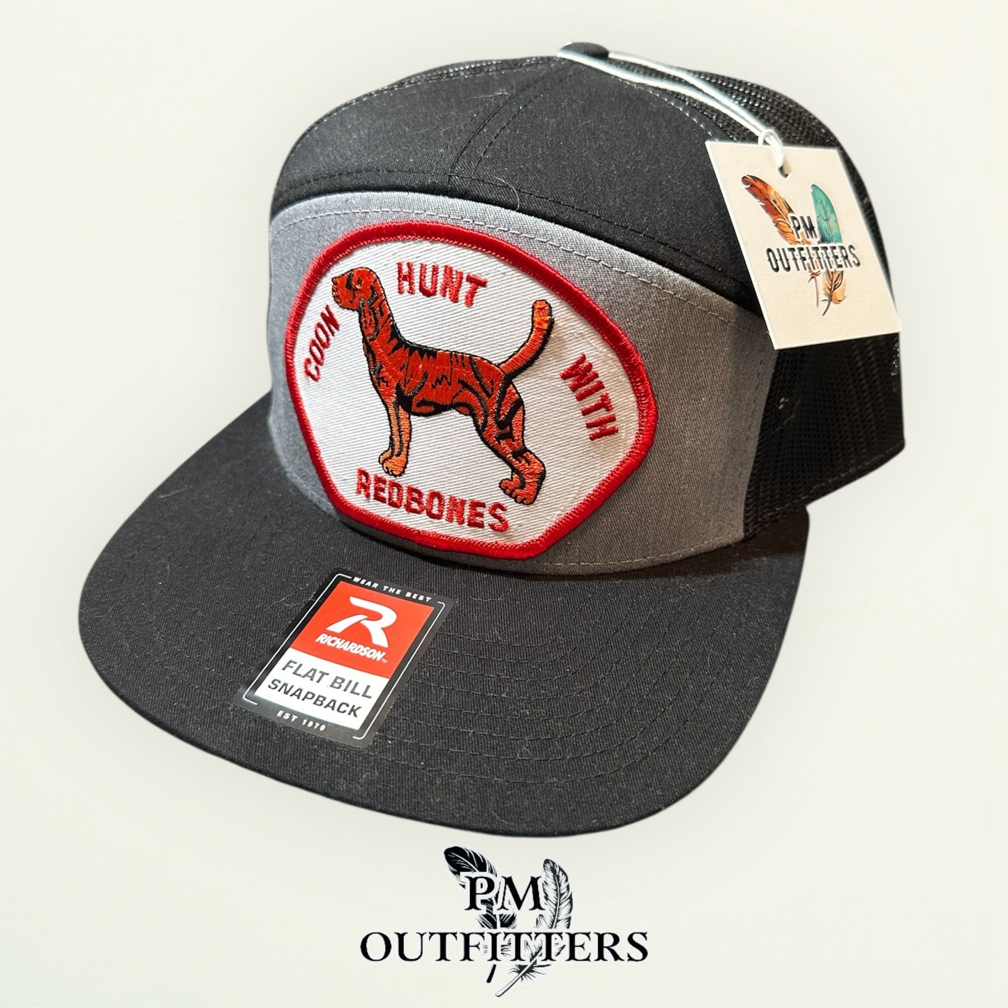 Coon Hunt With Redbones Trucker Hat — PM Outfitters Vintage Hunting Patch | Richardson 168 Grey Black Flat Bill