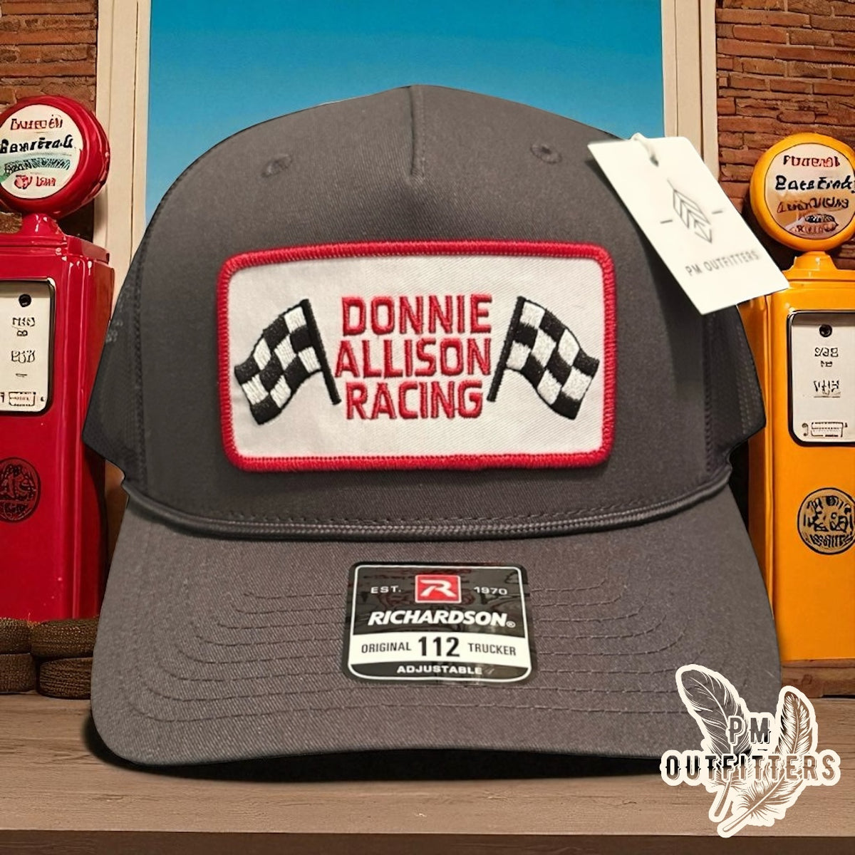 Donnie Allison racing retro embroidered patch on charcoal and black Richardson 112 rope trucker hat
