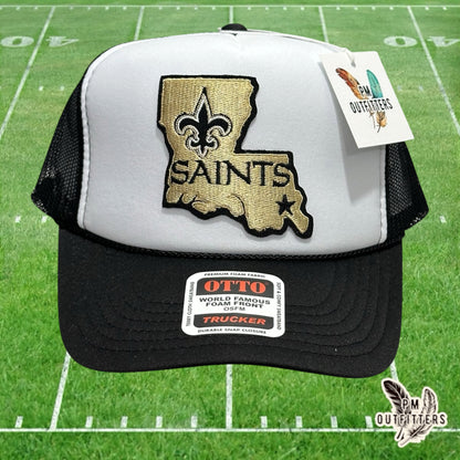 PM Outfitters New Orleans Saints Louisiana state outline embroidered patch Otto foam front rope white black trucker hat