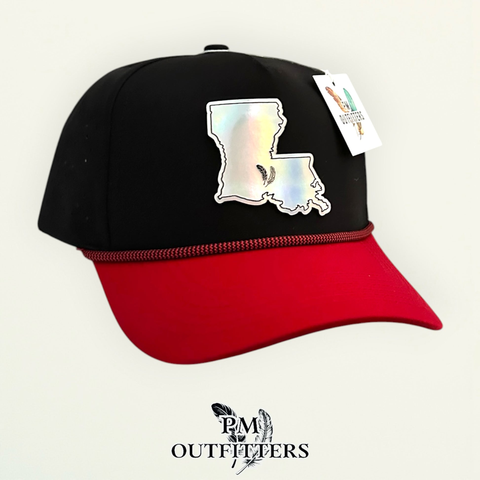 PM Outfitters Louisiana Lafayette Tailgate Season holographic vegan leather Louisiana state outline patch trucker hat Lafayette two-feather logo black red