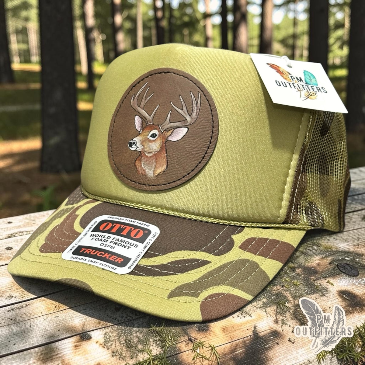 Hand-painted whitetail buck patch on an olive green and camo Otto foam front trucker hat, PM Outfitters True Originals