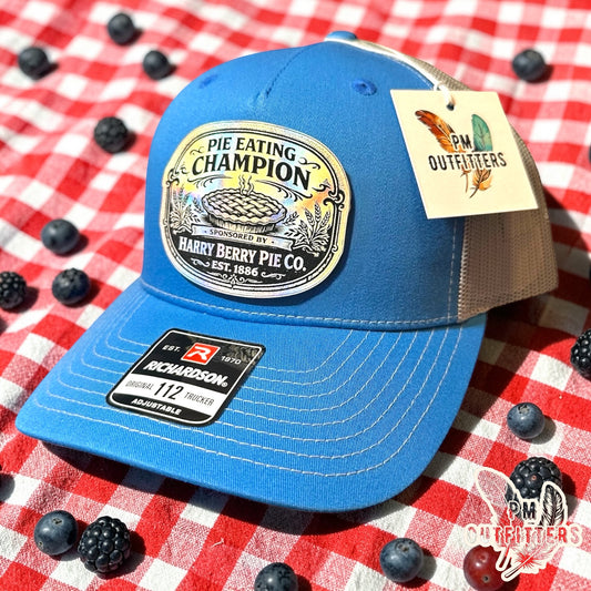 Pie Eating Champion Hat - PM Outfitters Holographic Patch | Richardson 112 Columbia Blue Gray Humor