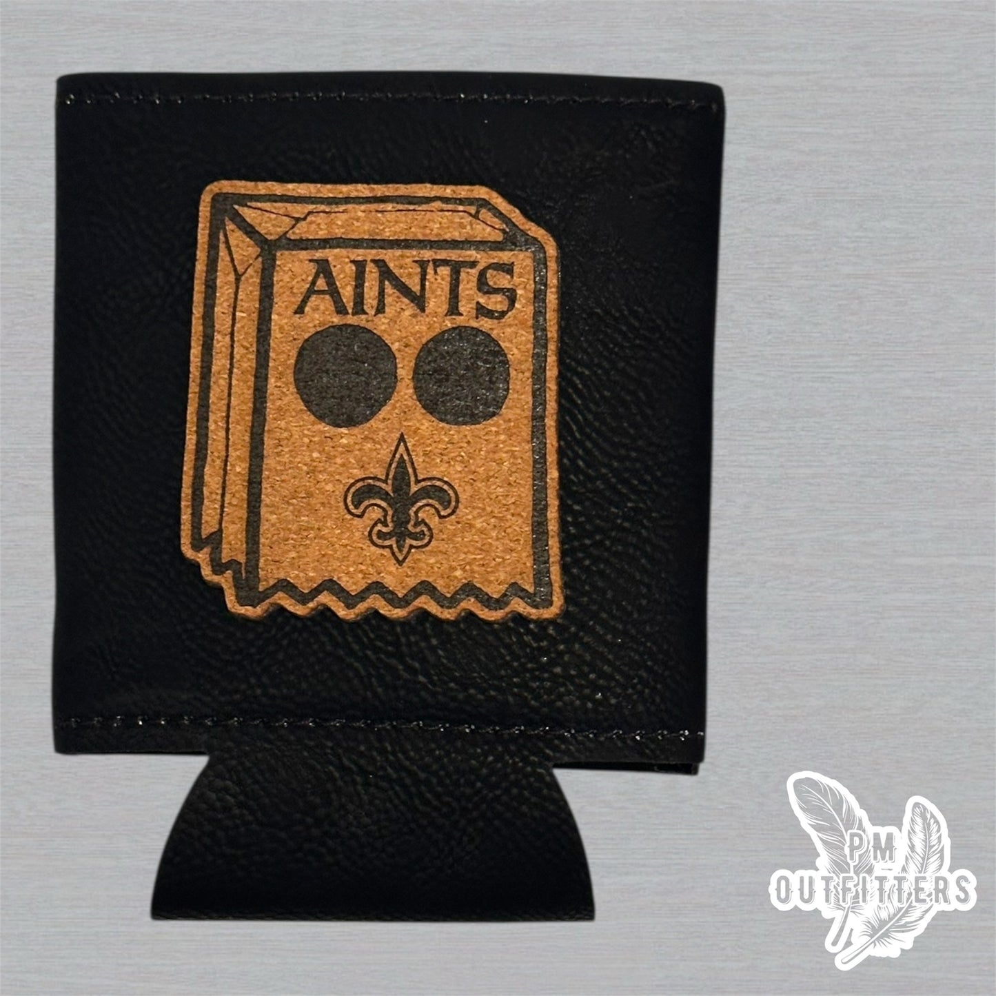 PM Outfitters Custom AINTS Bag Head Patch Black Leatherette Koozie