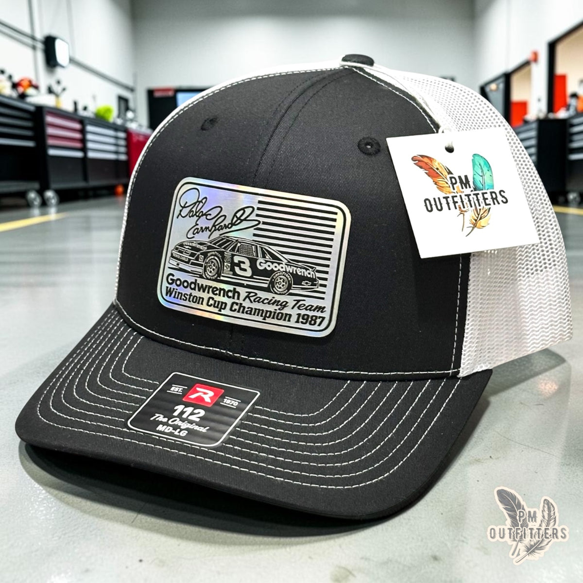 PM Outfitters Dale Earnhardt 1987 Winston Cup Champion trucker hat black white Richardson 112 holographic patch