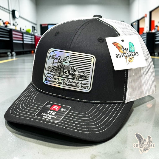 PM Outfitters Dale Earnhardt 1987 Winston Cup Champion trucker hat black white Richardson 112 holographic patch