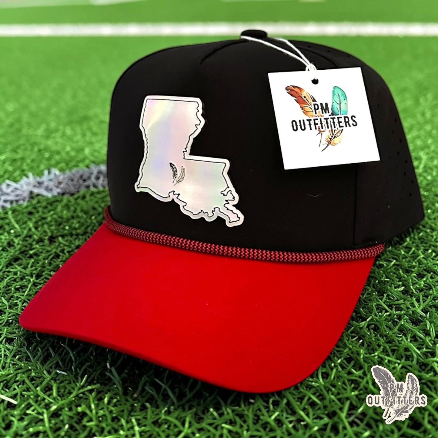 PM Outfitters Louisiana Lafayette Tailgate Season holographic vegan leather Louisiana state outline patch trucker hat Lafayette two-feather logo black red