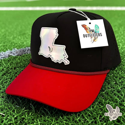 PM Outfitters Louisiana Lafayette Tailgate Season holographic vegan leather Louisiana state outline patch trucker hat Lafayette two-feather logo black red