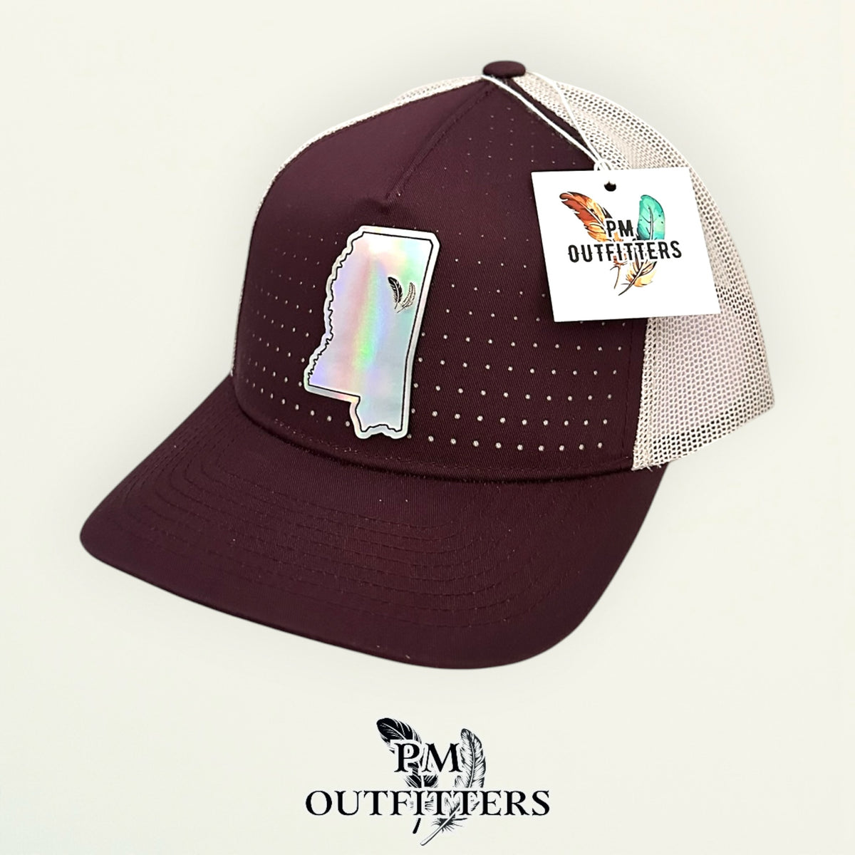 PM Outfitters Mississippi State Tailgate Season holographic vegan leather Mississippi state outline patch trucker hat Starkville two-feather logo maroon white