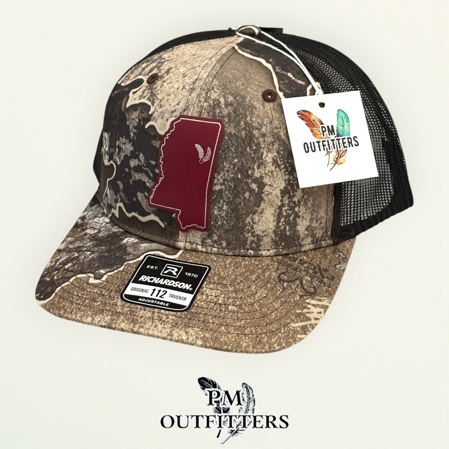 PM Outfitters Mississippi State Tailgate Season maroon vegan leather patch Richardson 112 Realtree Excape camo trucker hat