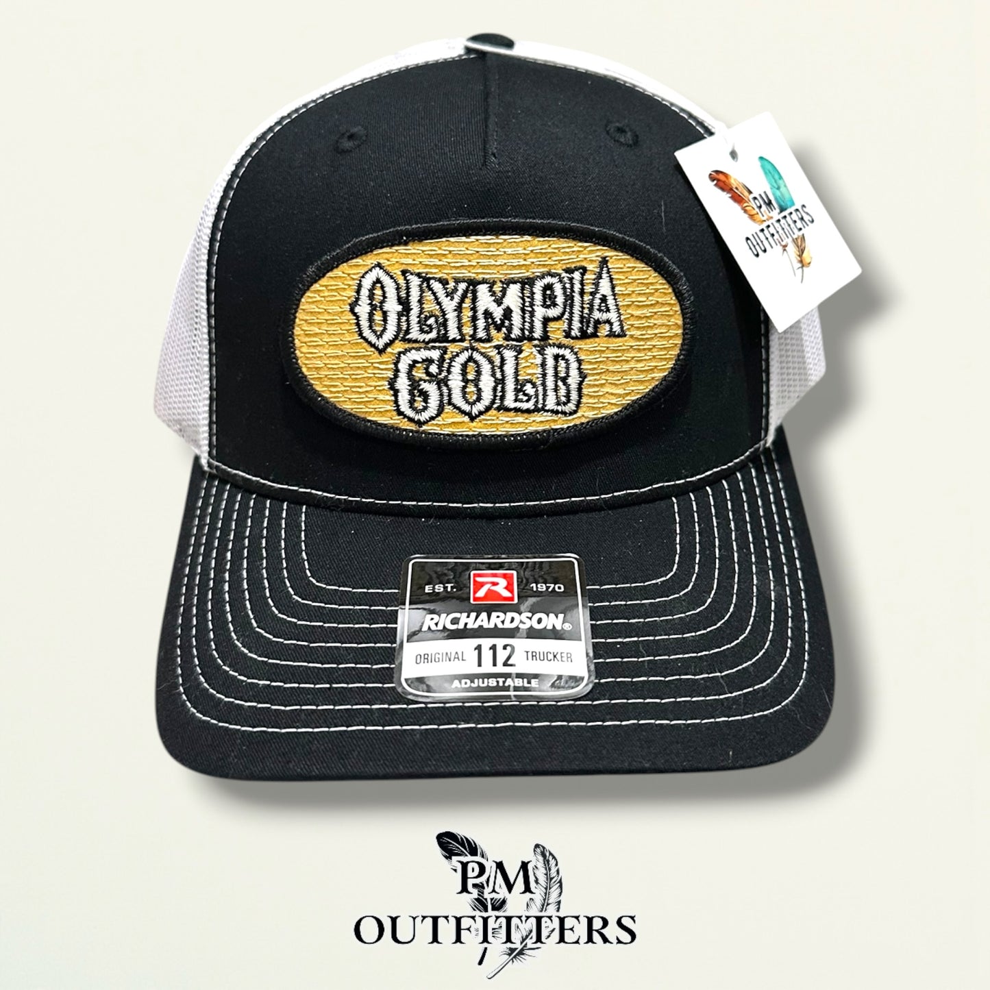Olympia Gold Trucker Hat – PM Outfitters True Vintage Patch | Richardson 112 Black & White Brewery Heritage