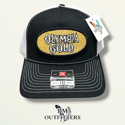 Olympia Gold Trucker Hat – PM Outfitters True Vintage Patch | Richardson 112 Black & White Brewery Heritage