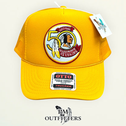 PM Outfitters Washington Redskins 50th Anniversary embroidered patch Otto foam front rope gold trucker hat