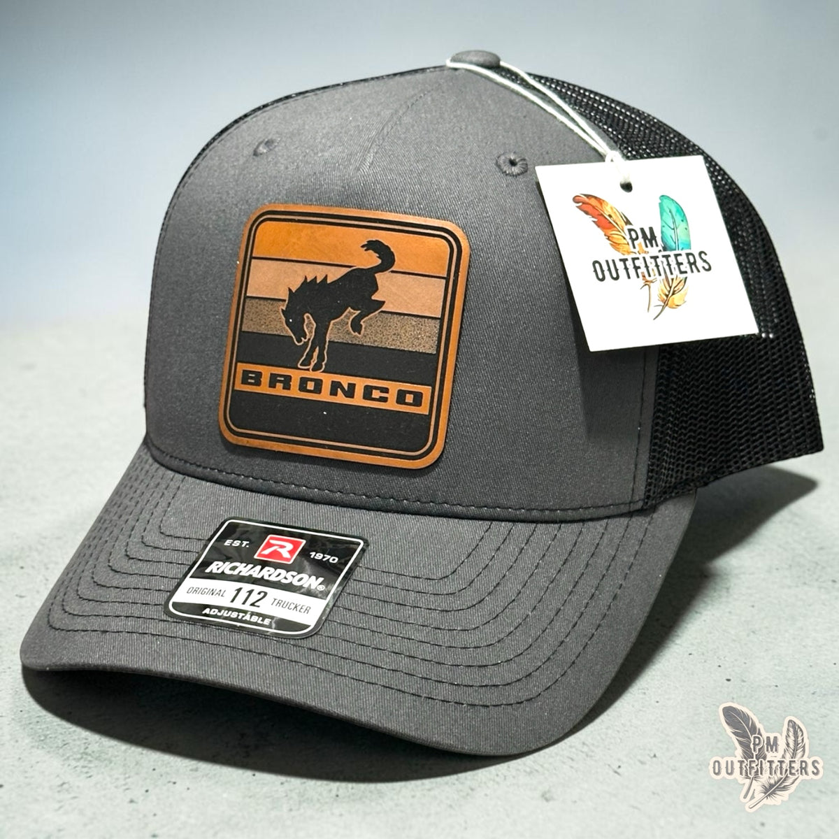 PM Outfitters Bronco trucker hat charcoal black Richardson 112 vegan leather patch