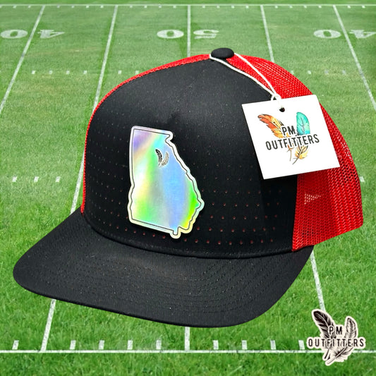 PM Outfitters Georgia Bulldogs holographic vegan leather state outline patch Pacific Headwear 105P black red trucker hat