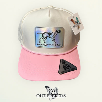 Point Me to the Bar Trucker Hat - PM Outfitters Exclusive | Holographic Laser Patch | Dallas 804 Cream Pink Waterproof Rope Hat