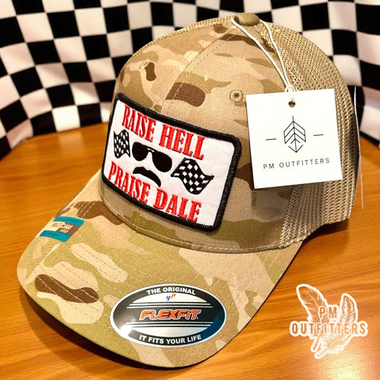 Raise Hell Praise Dale Retro NASCAR FlexFit Camo Trucker Hat