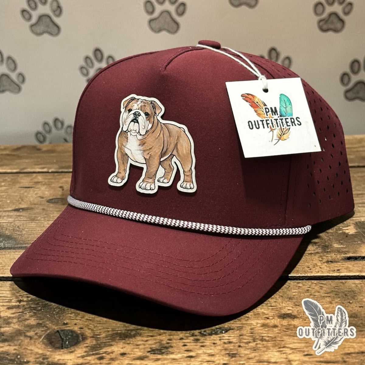 Hand-painted Mississippi State Bulldog patch on a maroon Dallas 804 performance rope cap, PM Outfitters True Originals