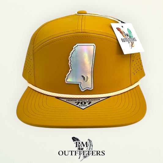 PM Outfitters Southern Miss Tailgate Season holographic vegan leather Mississippi state outline patch trucker hat Hattiesburg two-feather logo black mustard gold