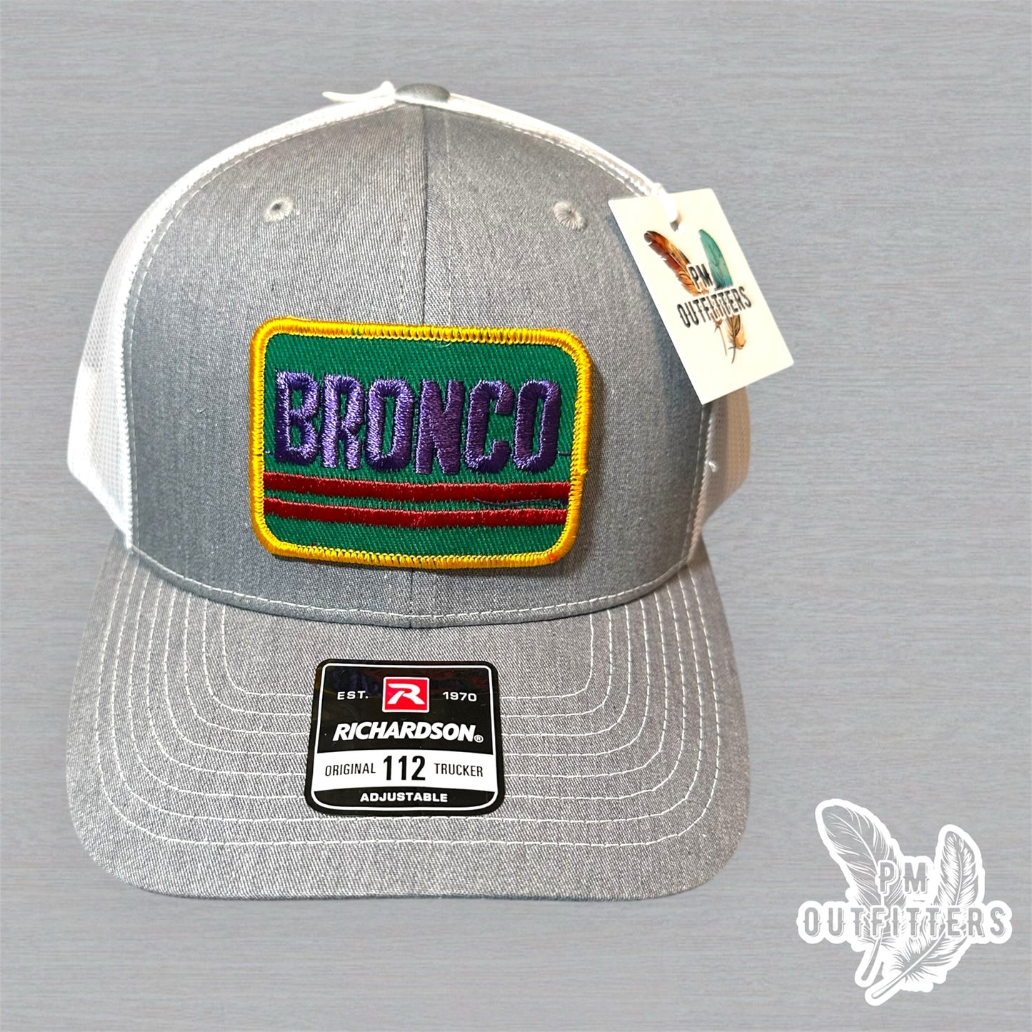 Ford Bronco Vintage Patch Trucker Hat - Richardson 112 Heather Gray White