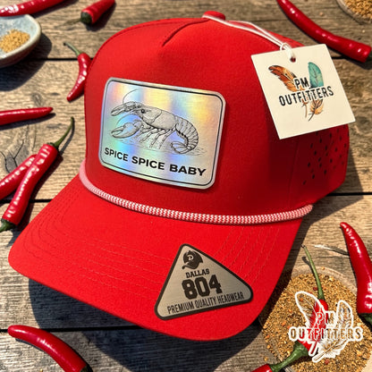 Spice Spice Baby Crawfish Hat | PM Outfitters Exclusive Holographic Laser Patch | Dallas 804 Red Waterproof Rope Hat
