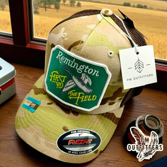 Vintage Remington Firearms “First in the Field” Camo FlexFit Trucker