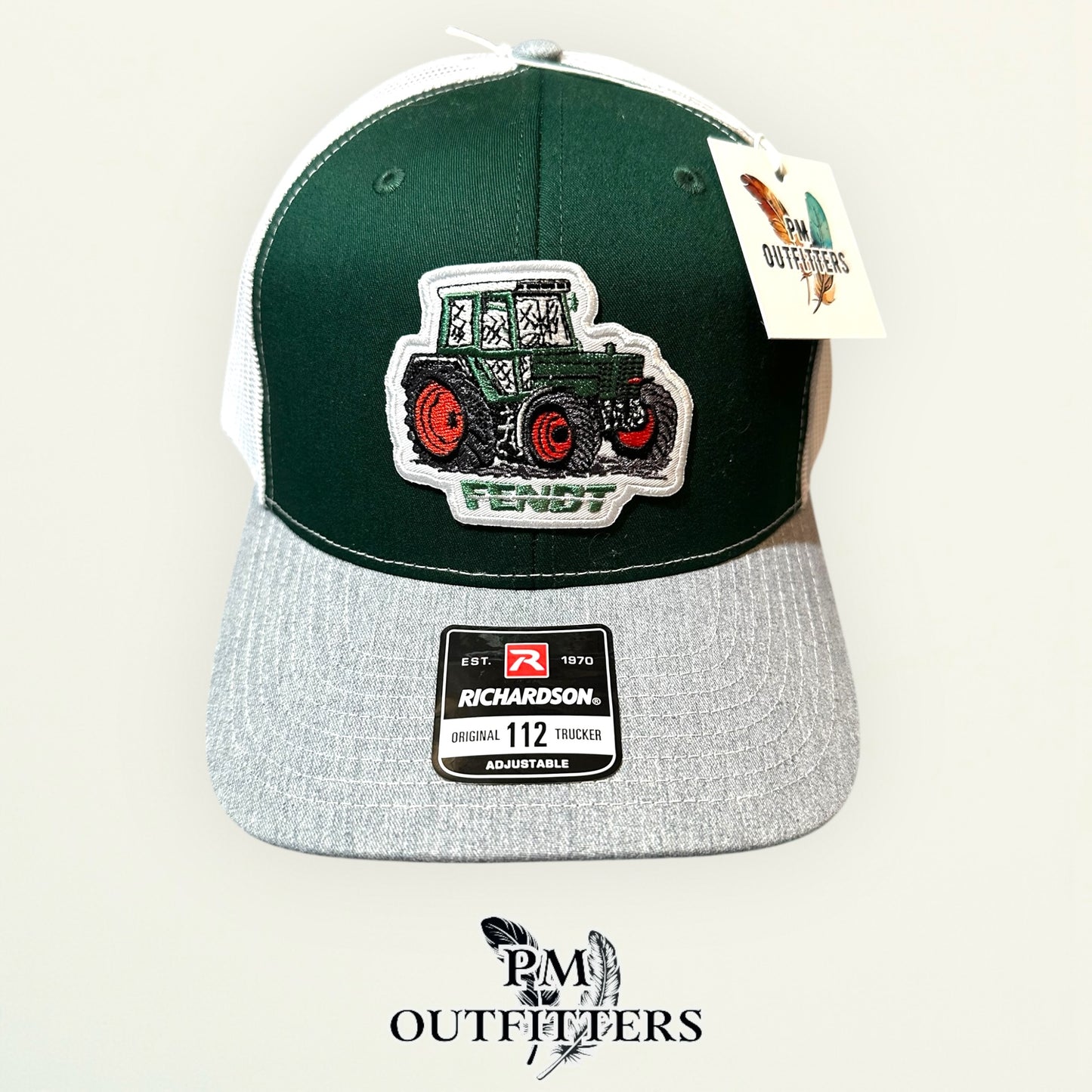 Fendt Tractor Trucker Hat — PM Outfitters Retro Patch | Richardson 112 Green Gray White Farm Heritage