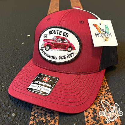 Vintage Route 66 75th Anniversary Patch Trucker Hat - Richardson 112 Maroon Black