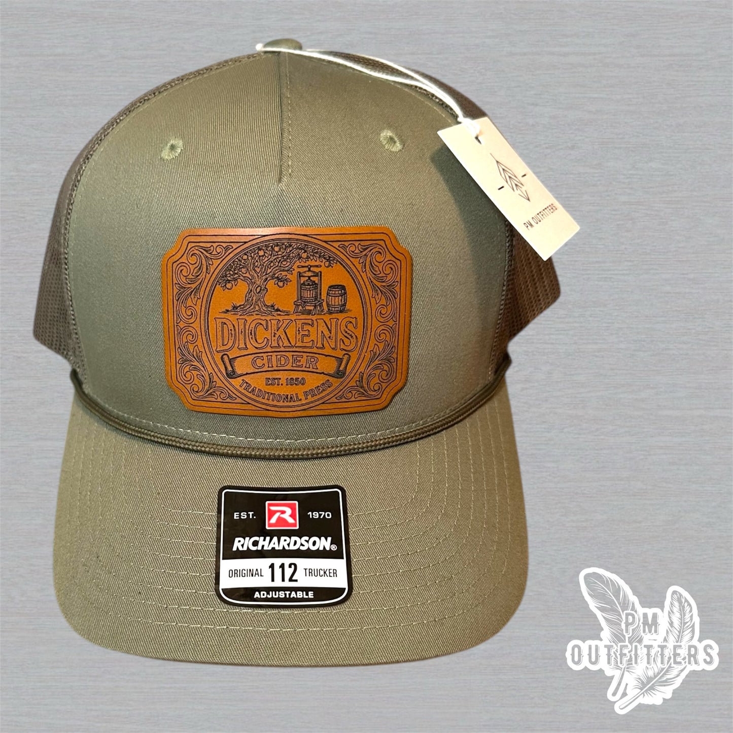 Dickens Cider Trucker Hat - Custom Leatherette Patch Richardson 112 Rope Hat | Loden Green Humor Cap