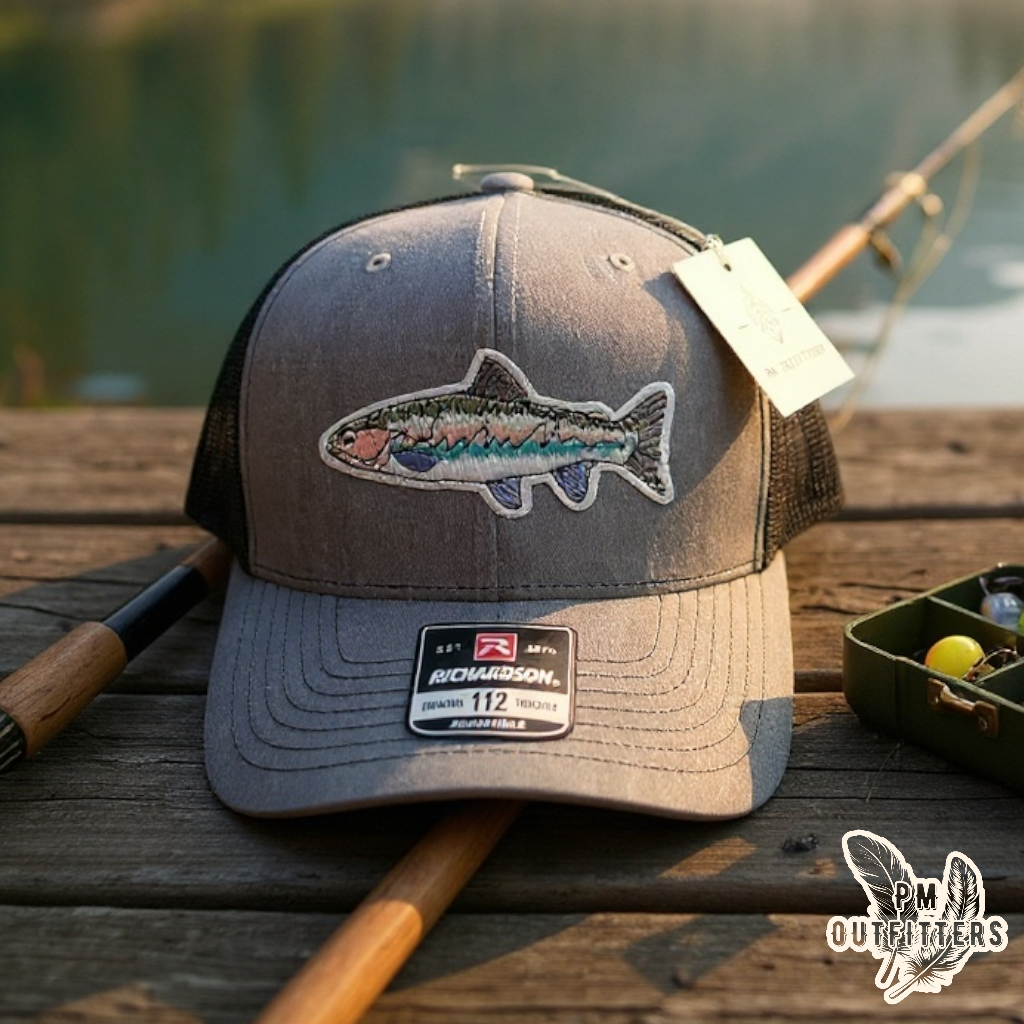 Rainbow Trout embroidered patch on gray and black Richardson 112 trucker hat
