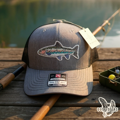 Rainbow Trout embroidered patch on gray and black Richardson 112 trucker hat