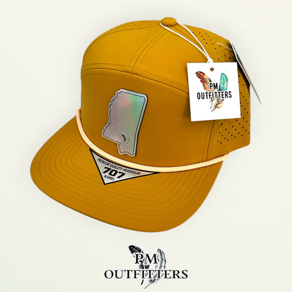PM Outfitters Southern Miss Tailgate Season holographic vegan leather Mississippi state outline patch trucker hat Hattiesburg two-feather logo black mustard gold