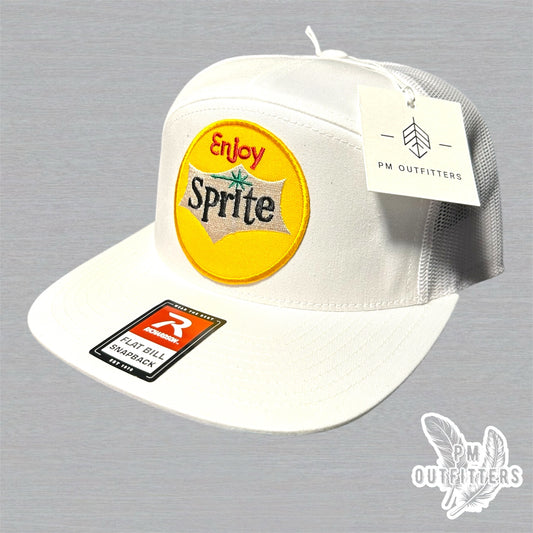 White Richardson 168 Trucker Hat - Retro Enjoy Sprite Embroidered Patch - 7-Panel Snapback Cap