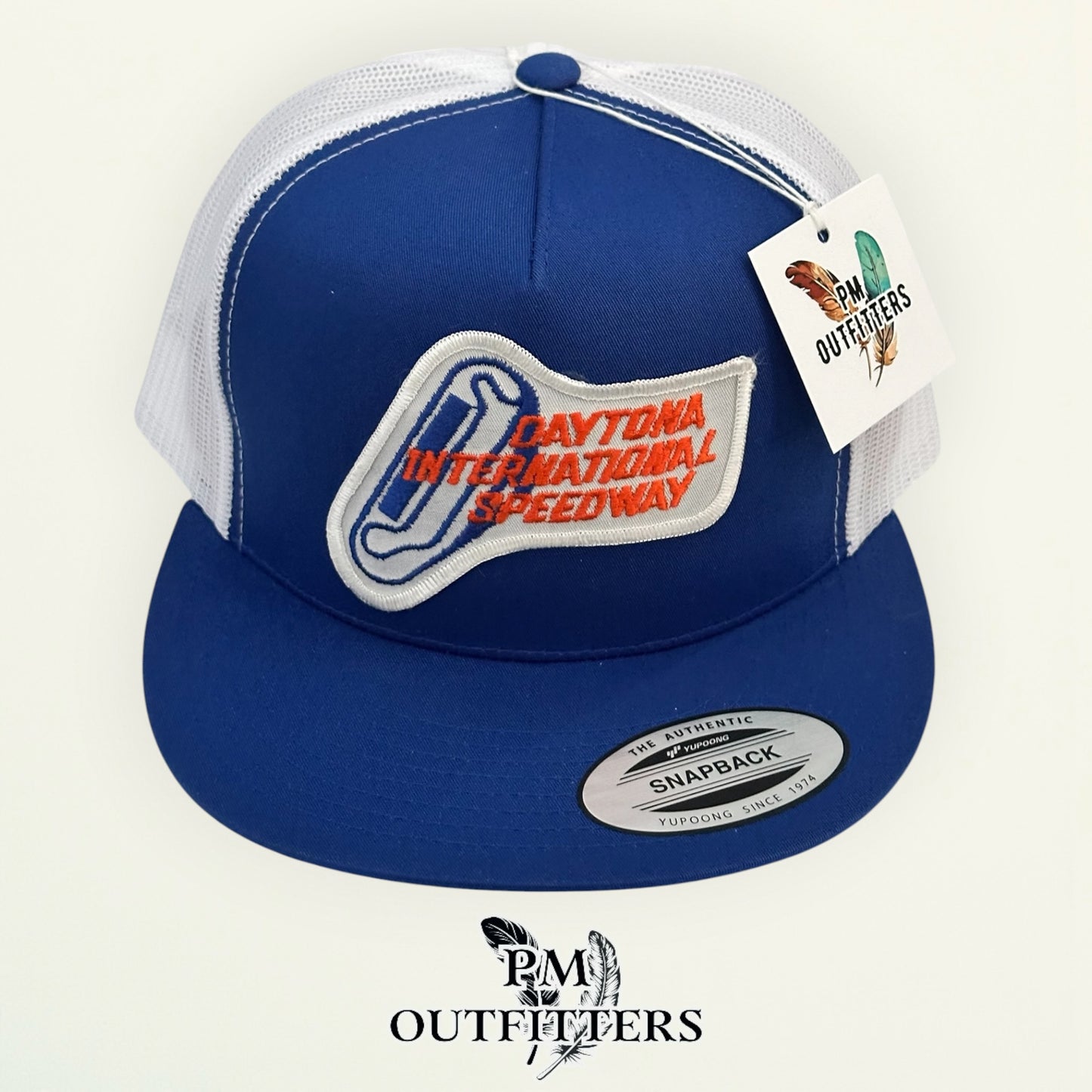 PM Outfitters vintage Daytona International Speedway authentic vintage patch Yupoong 6006 blue white