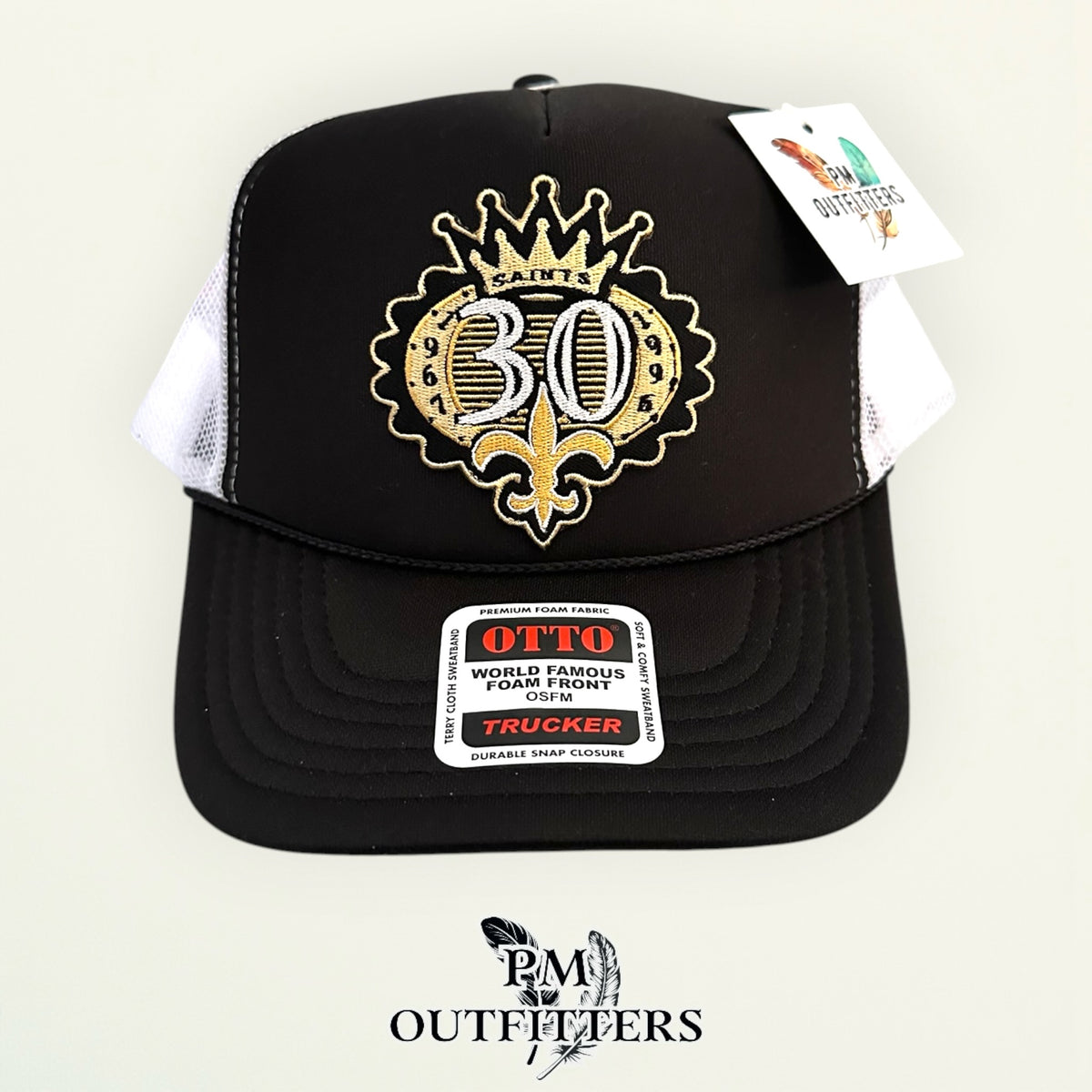 PM Outfitters New Orleans Saints 30th Anniversary embroidered patch Otto foam front rope black white trucker hat