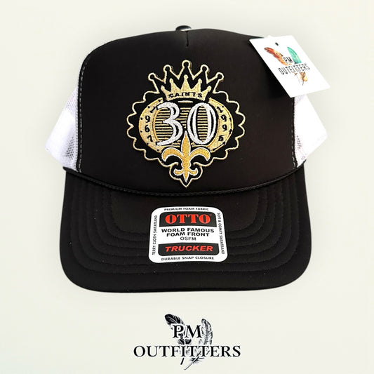 PM Outfitters New Orleans Saints 30th Anniversary embroidered patch Otto foam front rope black white trucker hat