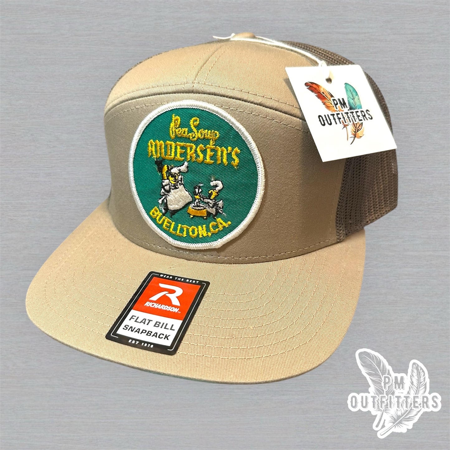 Vintage Andersen's Pea Soup Buellton CA Patch Trucker Hat - Richardson 168 Khaki Loden