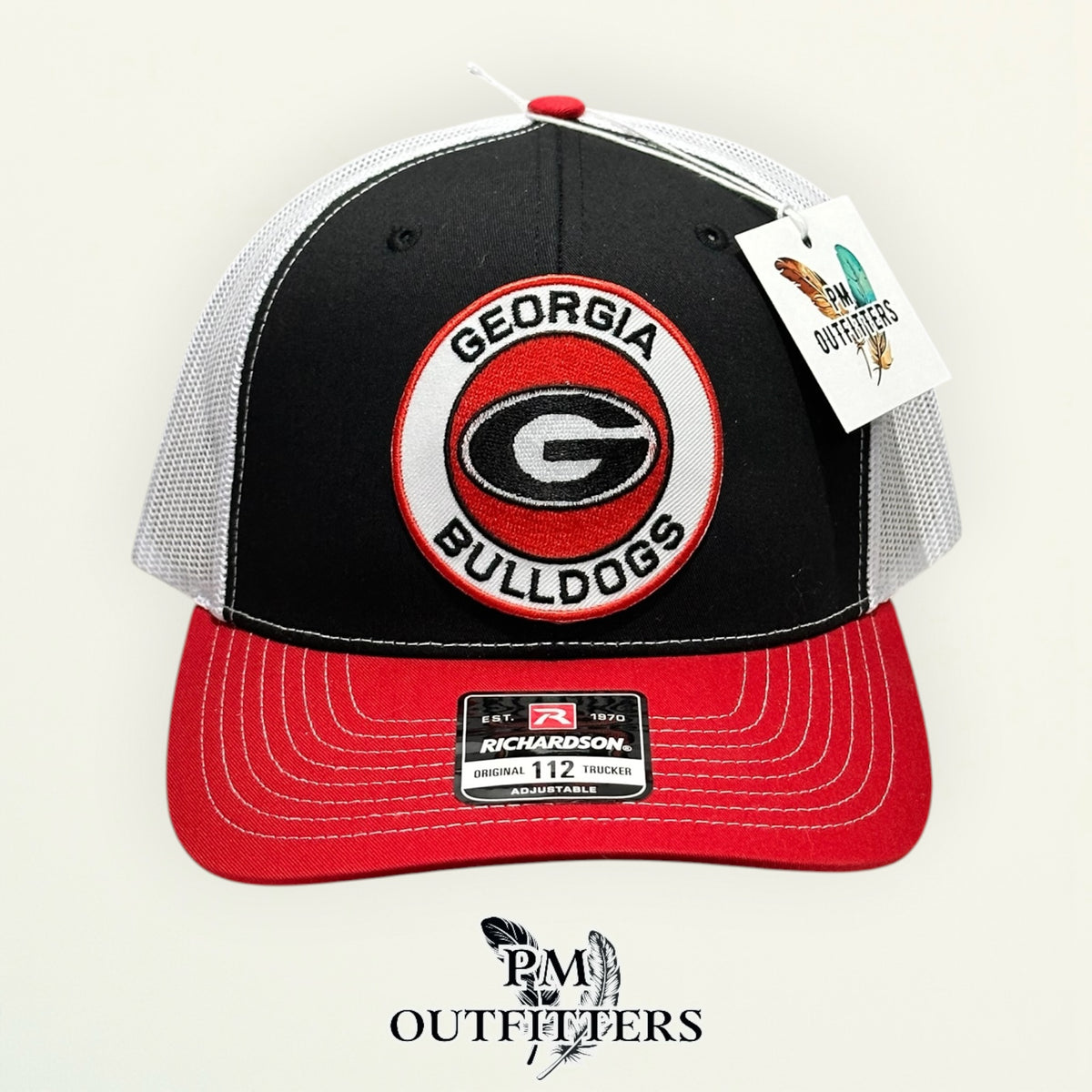 PM Outfitters Georgia Bulldogs circular logo embroidered patch Richardson 112 black white red trucker hat