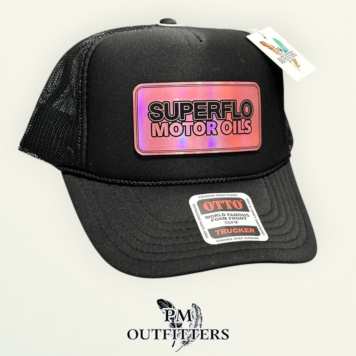 Superflo Motor Oils trucker hat profile view black rope brim holographic patch