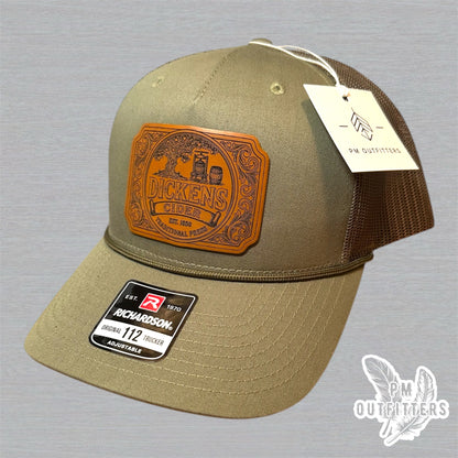 Dickens Cider Trucker Hat - Custom Leatherette Patch Richardson 112 Rope Hat | Loden Green Humor Cap